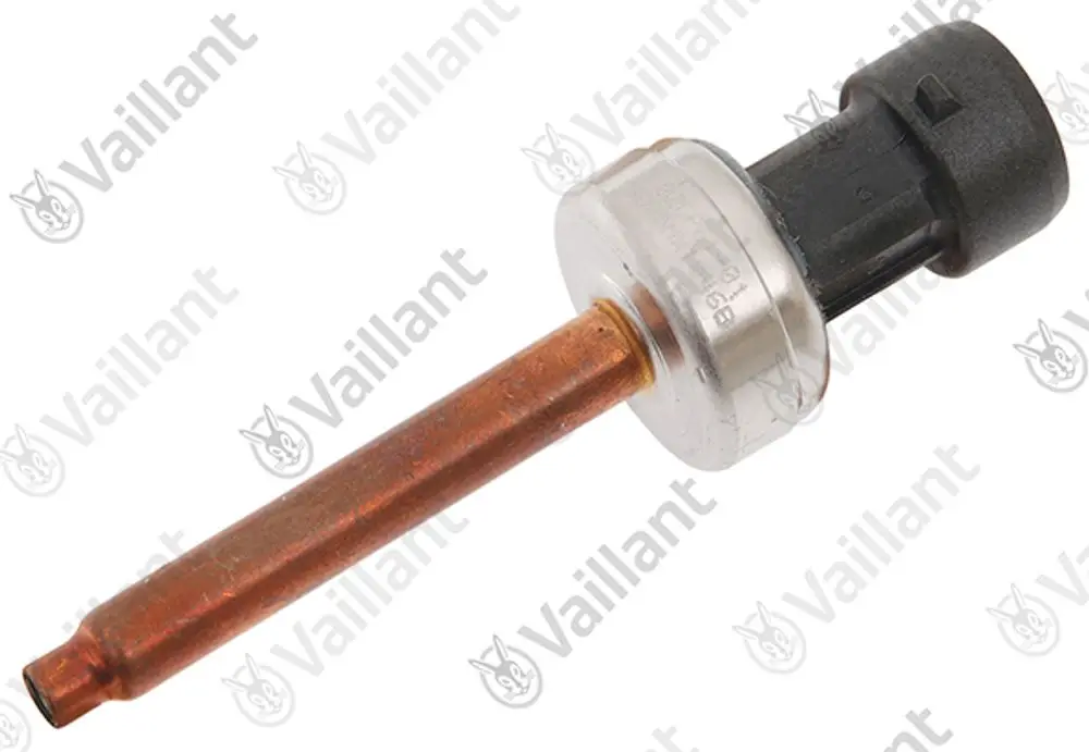 Vaillant Hochdrucksensor mit einer metallischen Spitze und einem schwarzen Steckanschluss, geeignet für spezifische Modelle der Heiztechnik.